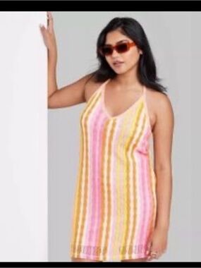 wild fable Pink and Yellow Striped Halter Swim Coverup